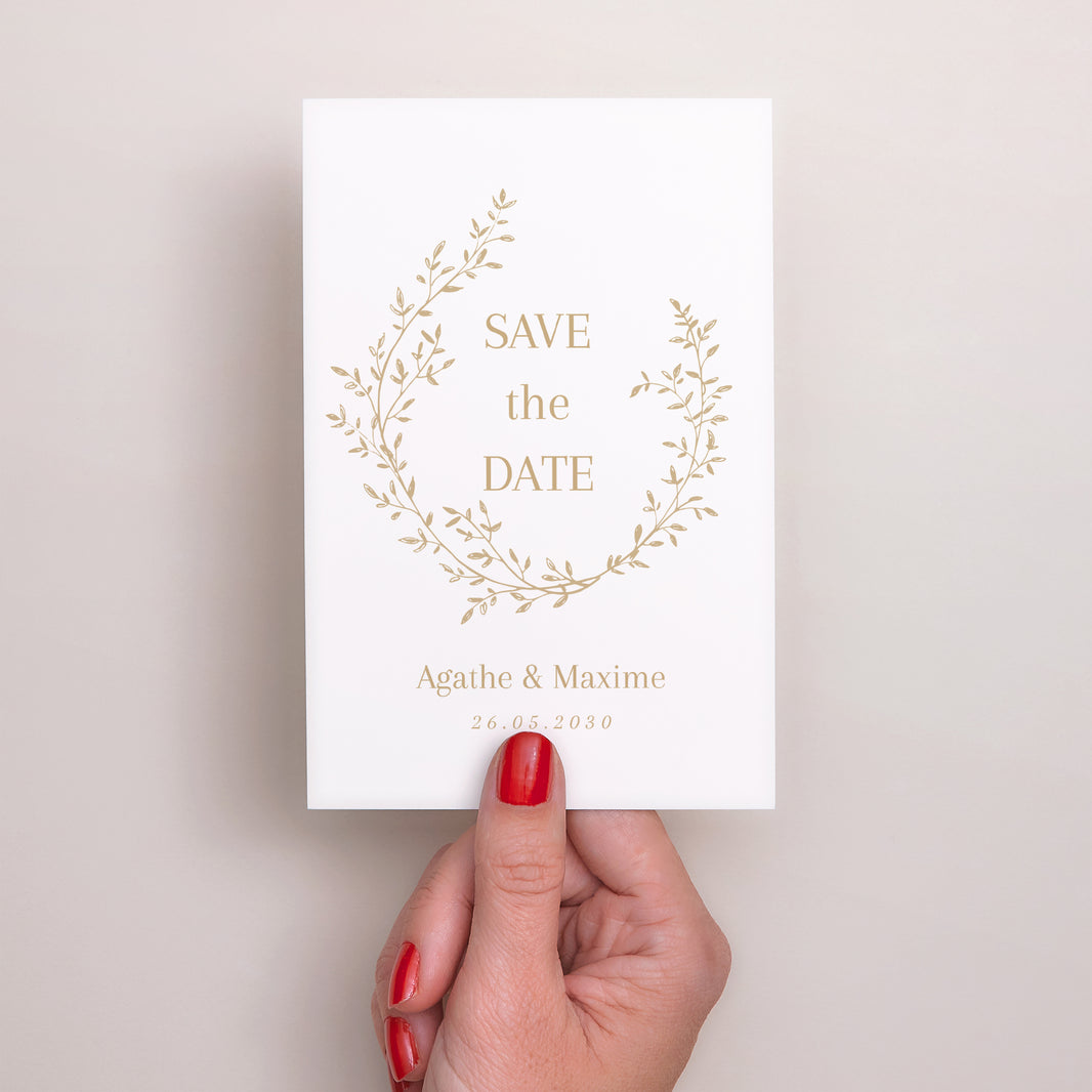 Save the date Mariage Portrait couronne florale dorée photo N° 2