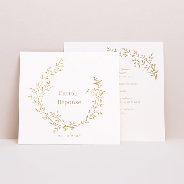 Carton réponse Mariage Carré Couronne florale dorée photo