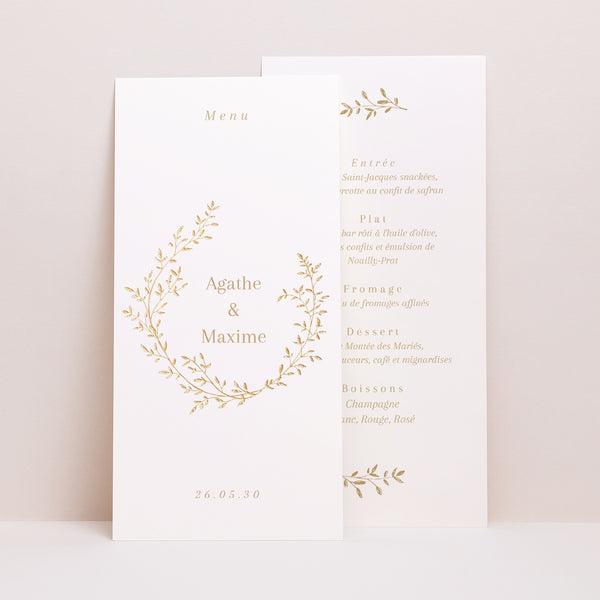 Menu Mariage Panoramique portrait Couronne florale dorée photo