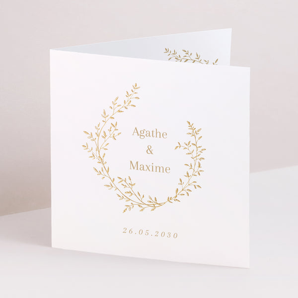 Faire-part Mariage Carré double volet Couronne florale dorée photo