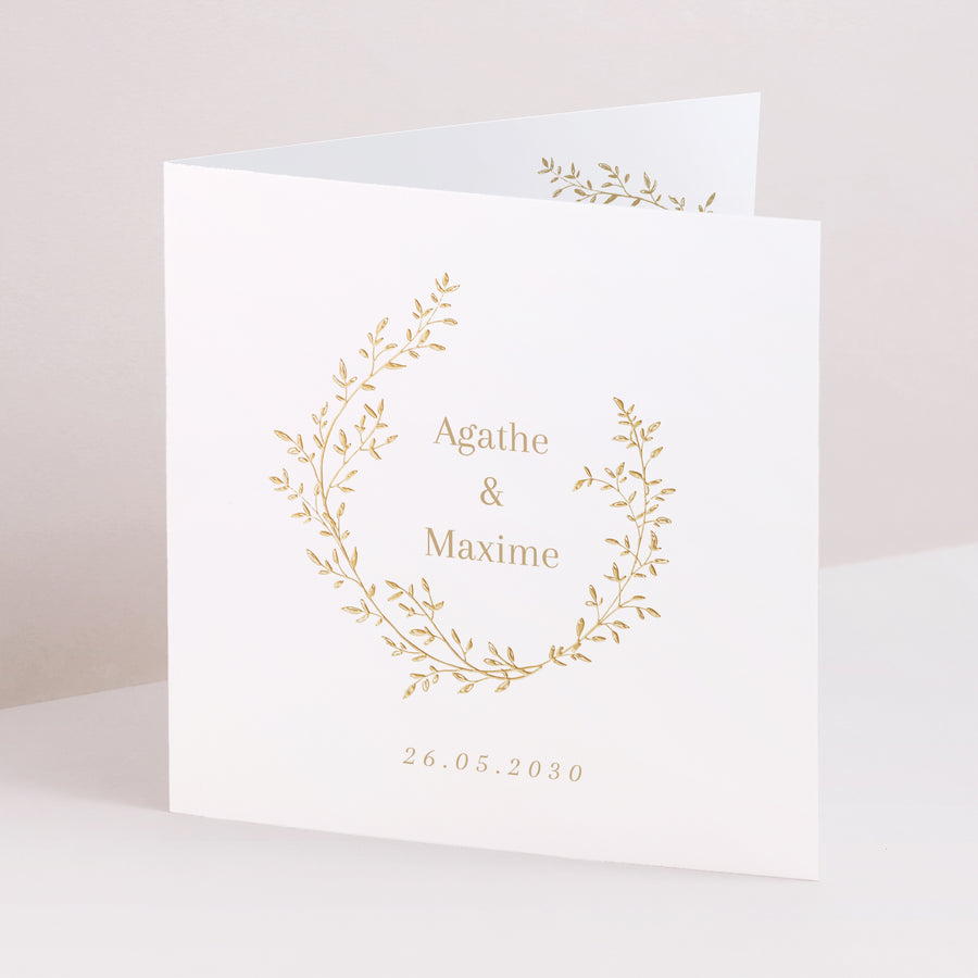Faire-part Mariage Carré double volet couronne florale dorée photo