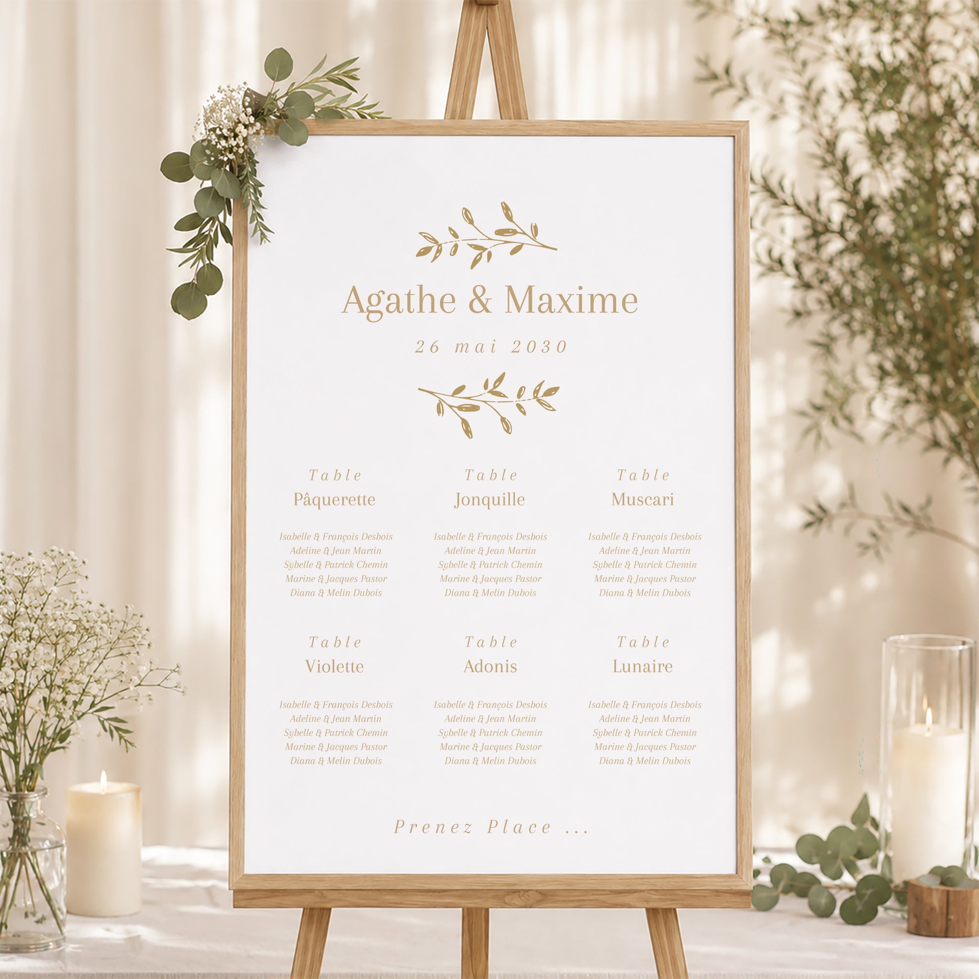 Plan de table Mariage Portrait 60 x 90 cm Couronne florale dorée photo N° 1