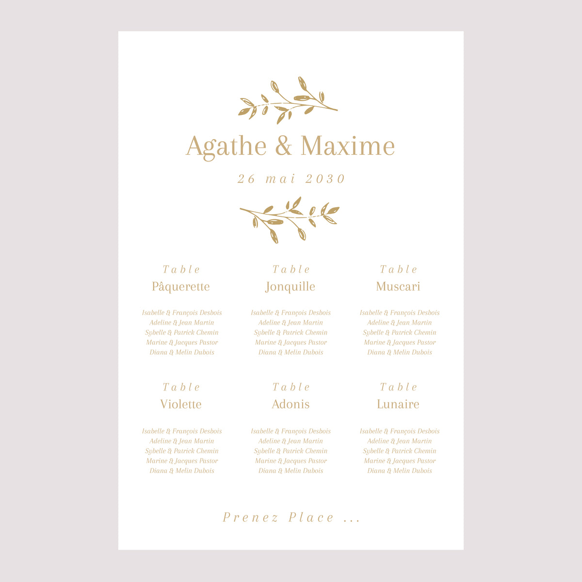 Plan de table Mariage Portrait 60 x 90 cm Couronne florale dorée photo N° 2