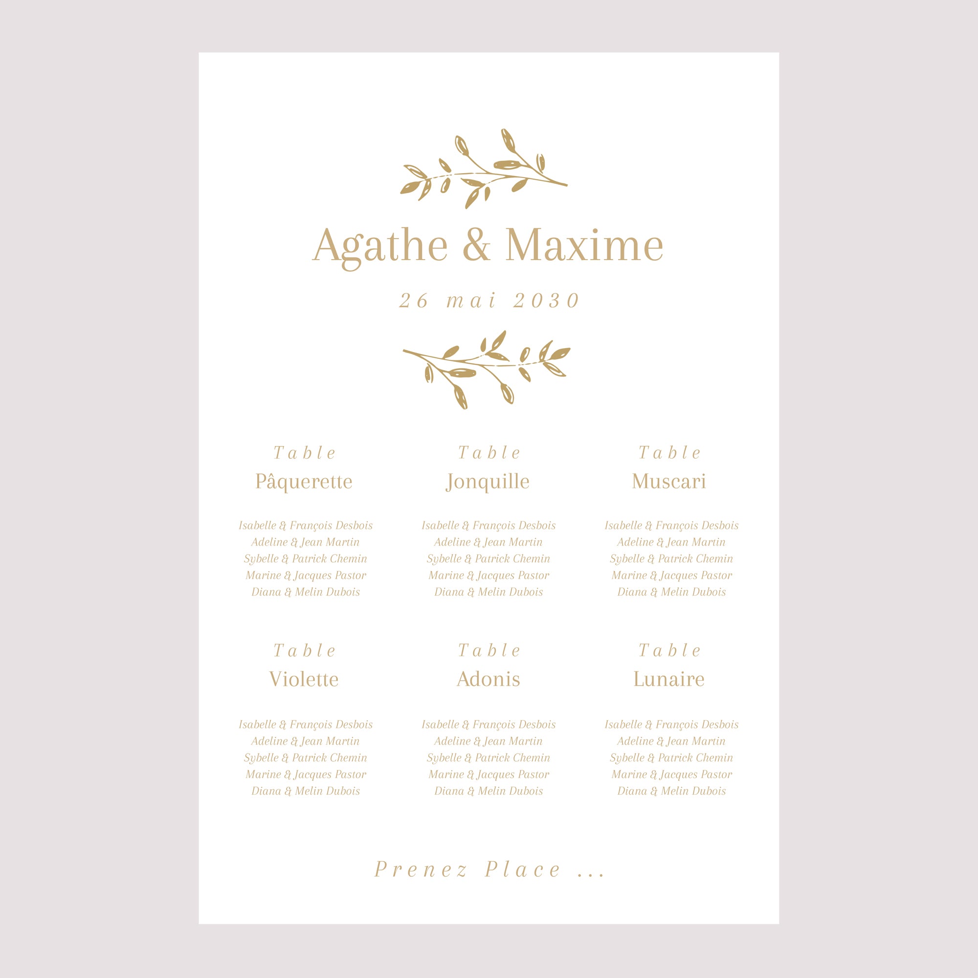 Plan de table Mariage Portrait 60 x 90 cm Couronne florale dorée photo N° 2