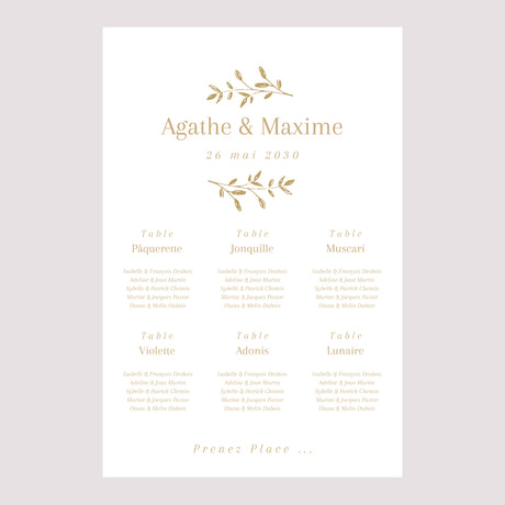 Plan de table Mariage Portrait 60 x 90 cm Couronne florale dorée