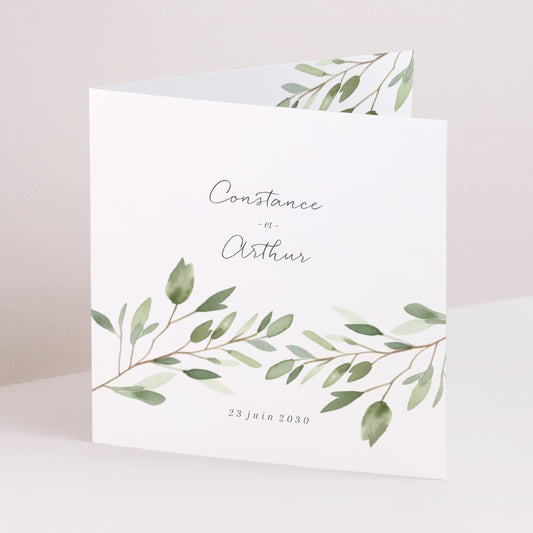 Faire-part Mariage Carré double volet feuillage photo