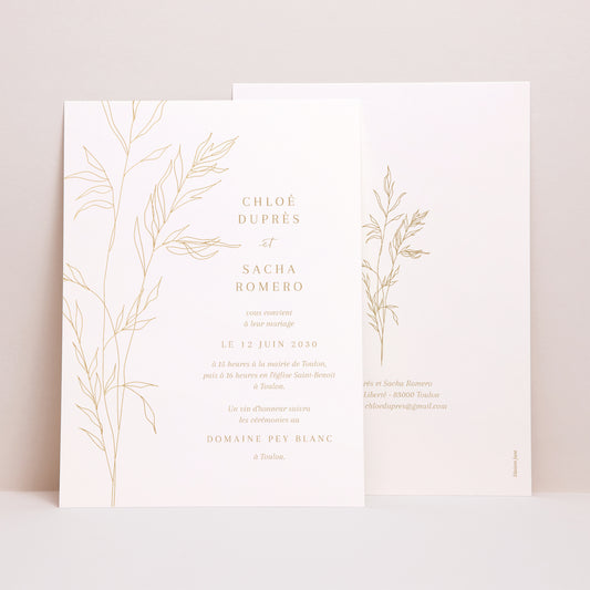 Faire-part Mariage Grand format rectangle feuillage épuré doré photo