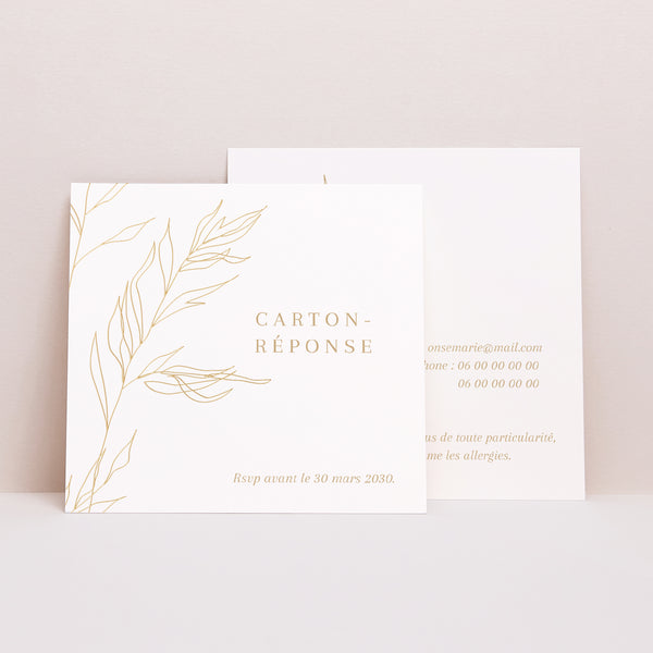 Carton réponse Mariage Carré Feuillage épuré doré photo