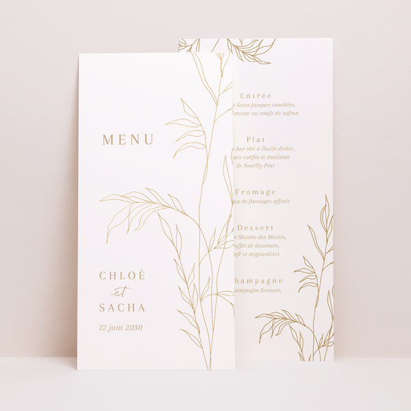Menu Mariage Panoramique portrait Feuillage épuré doré photo