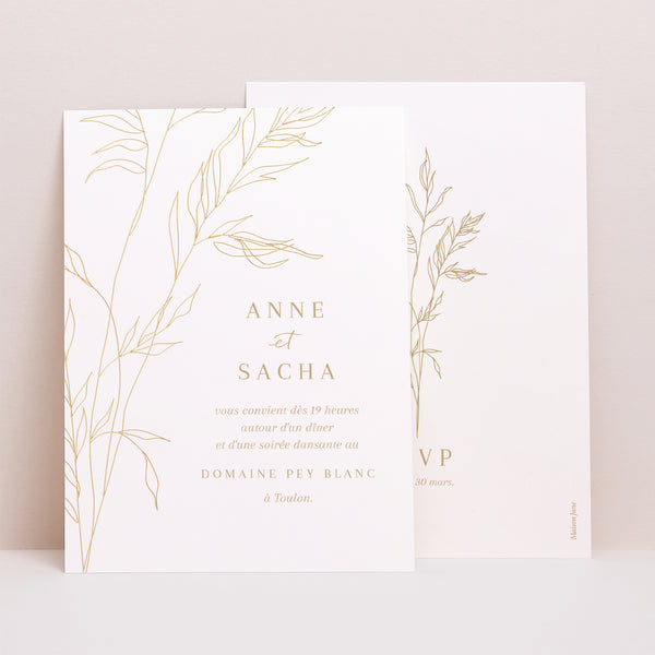 Invitations Mariage Portrait Feuillage épuré doré photo
