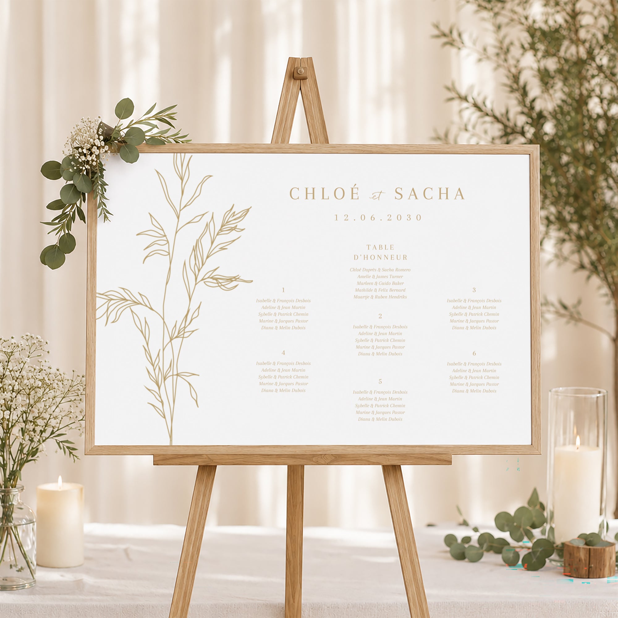 Plan de table Mariage Paysage 90 x 60 cm Feuillage épuré doré photo N° 1