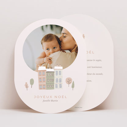 Carte de Noel Fin d'année Ovale Maisons enneigées photo N° 1