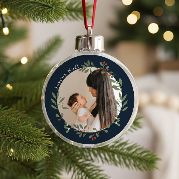 Boule de Noël Fin d'année Ronde Couronne noël fond bleu photo
