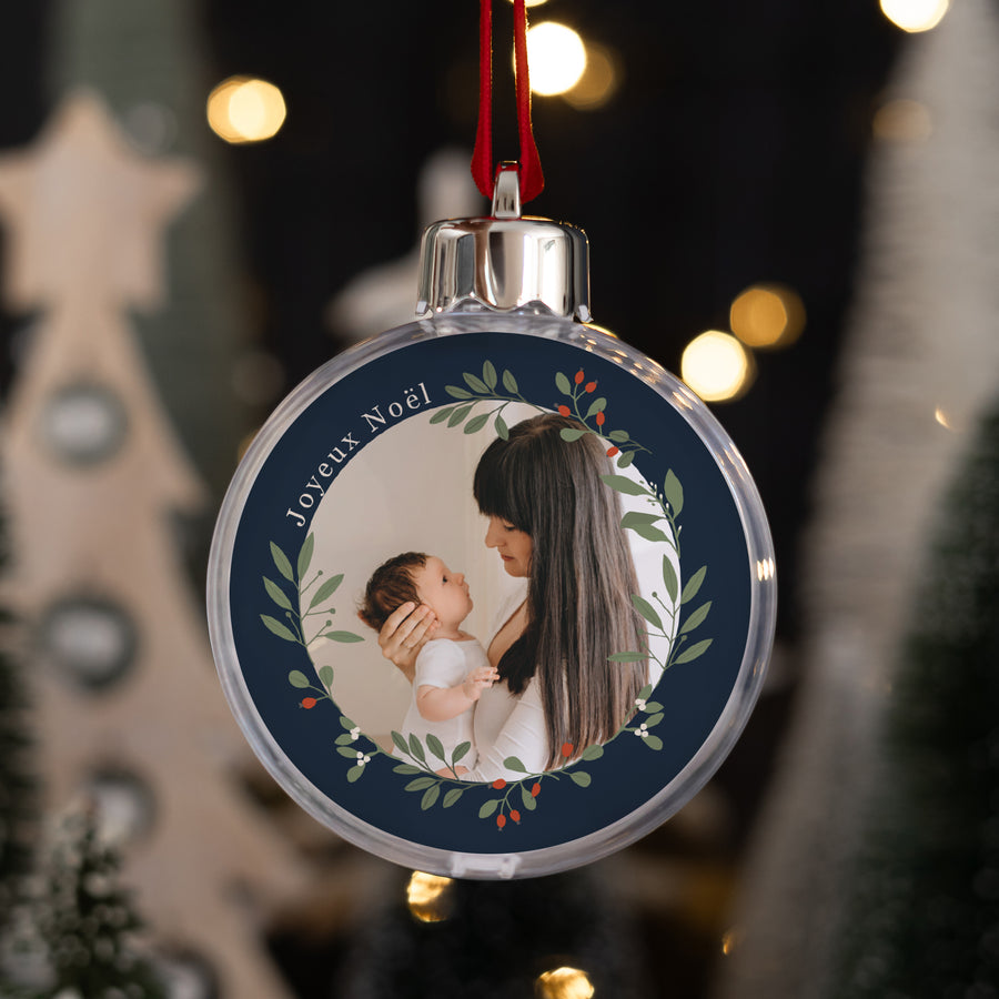 Boule de Noël Fin d'année Ronde Couronne noël fond bleu photo