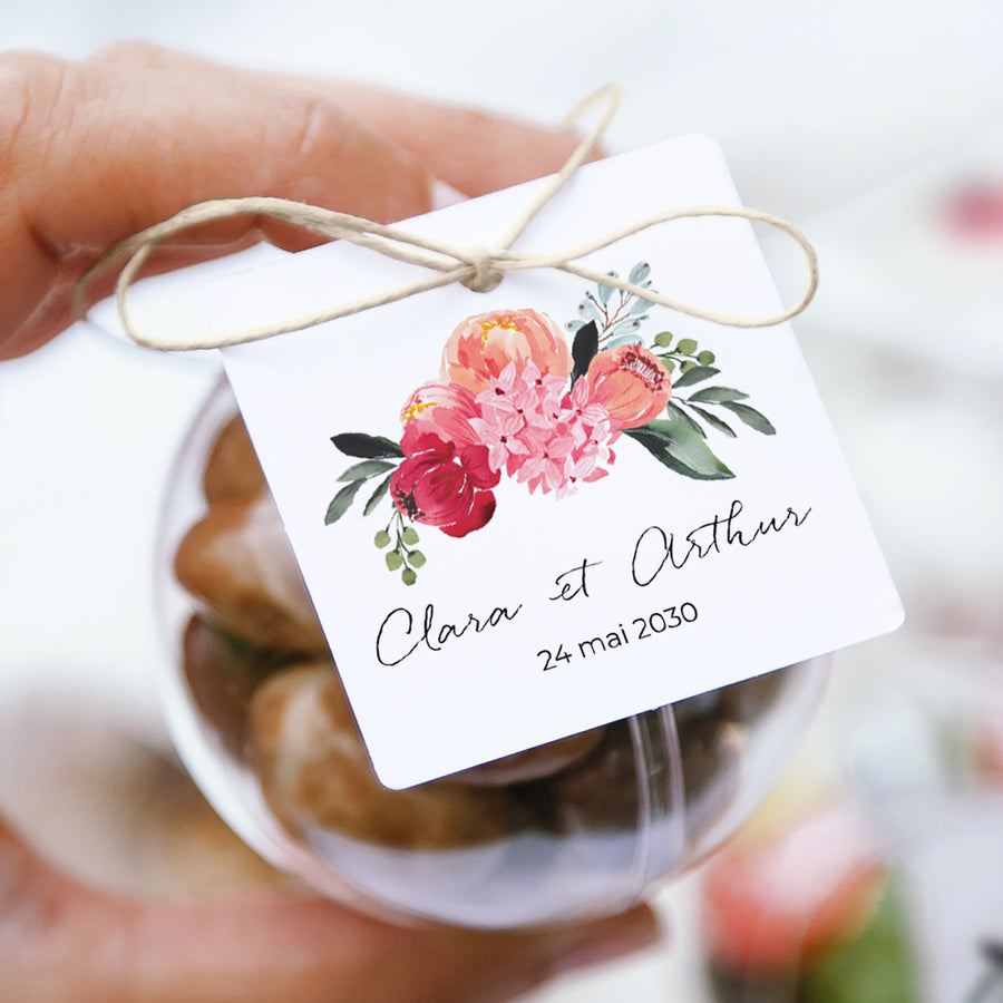 Boîte à dragées Mariage boule avec étiquette carrée 2CV fleurie photo