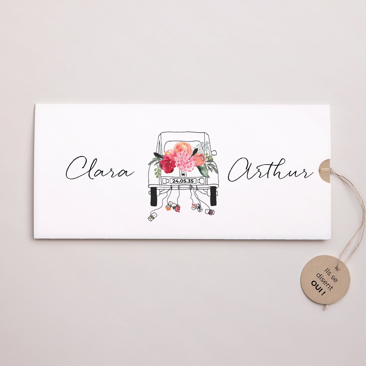 Faire-part Mariage Pochette 2 cartes, étiquette 2CV fleurie photo N° 1