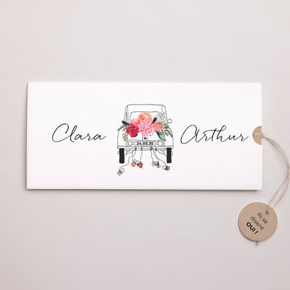 Faire-part Mariage Pochette 2 cartes, étiquette 2CV fleurie photo N° 1