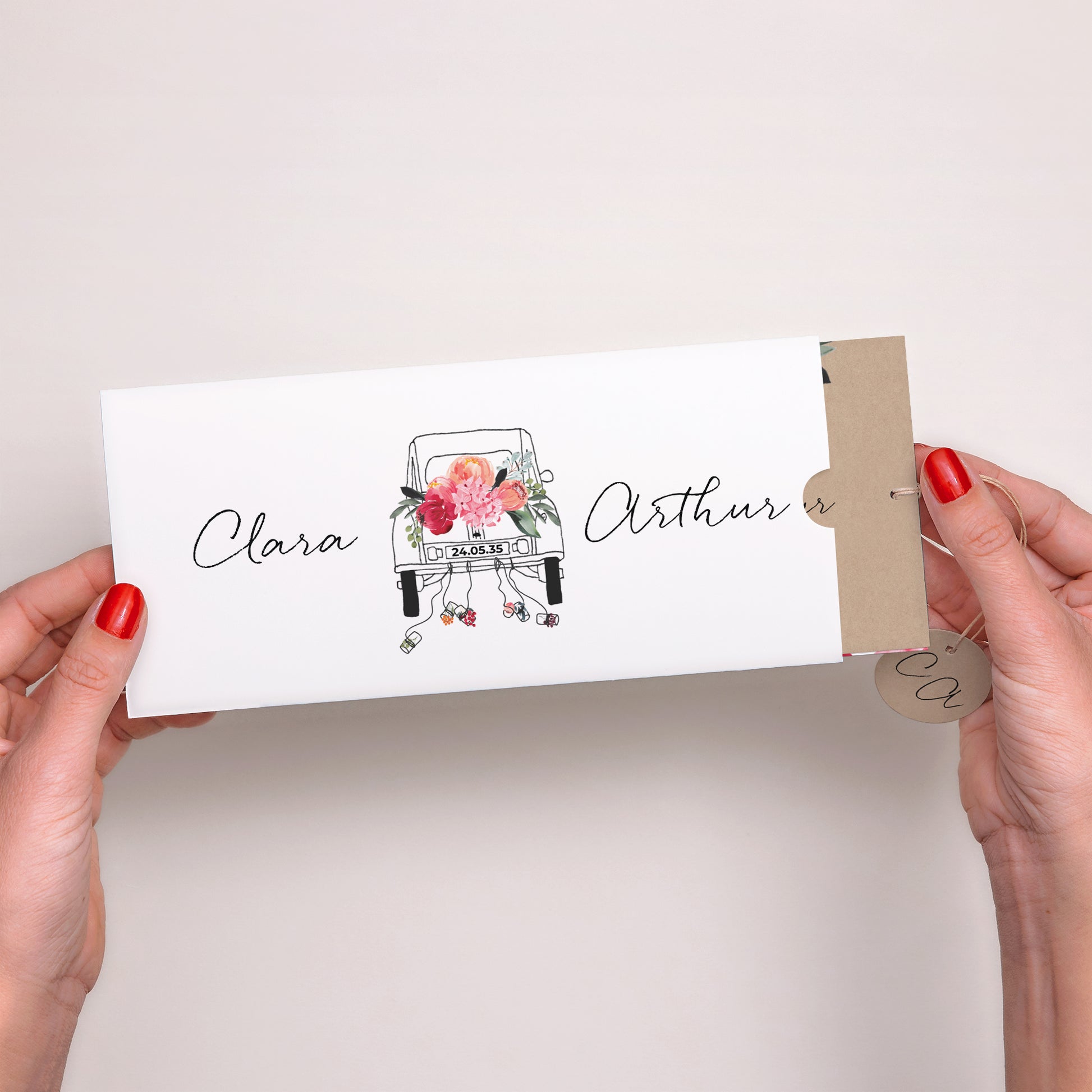 Faire-part Mariage Pochette 2 cartes, étiquette 2CV fleurie photo N° 2