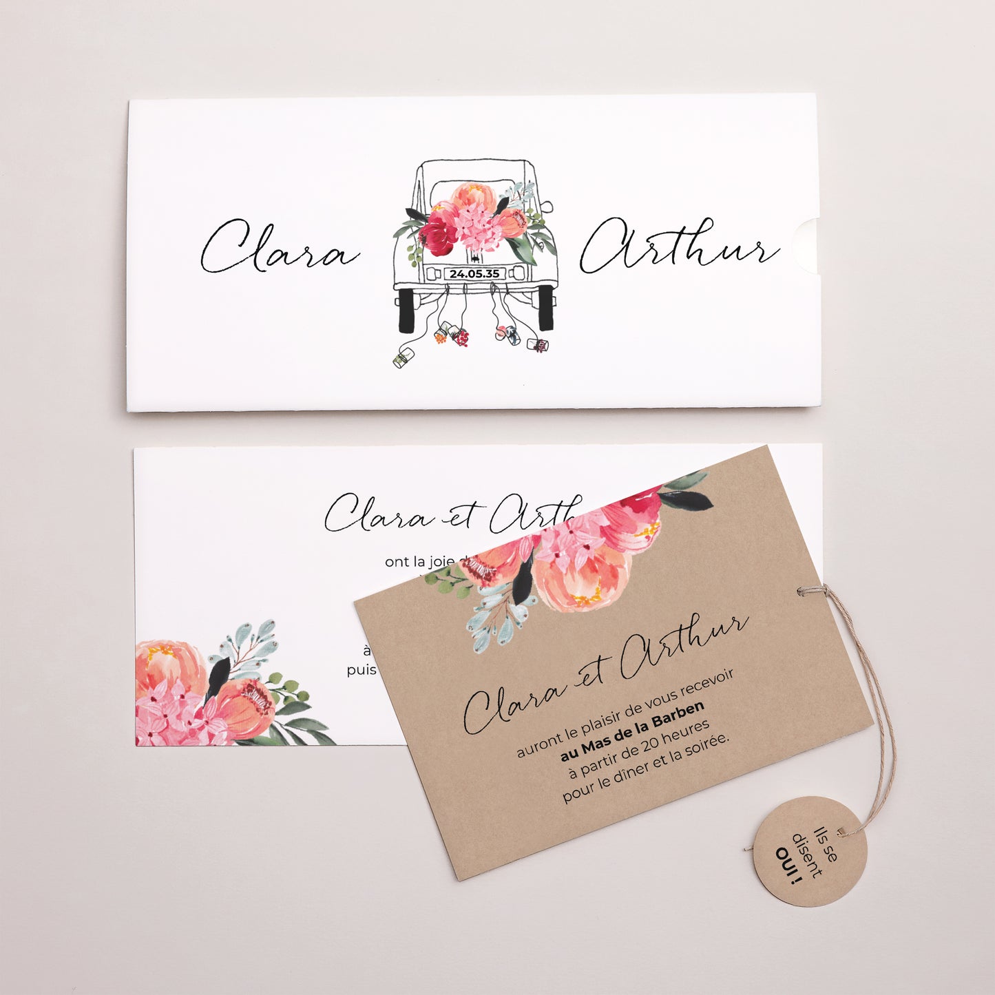Faire-part Mariage Pochette 2 cartes, étiquette 2CV fleurie photo N° 3