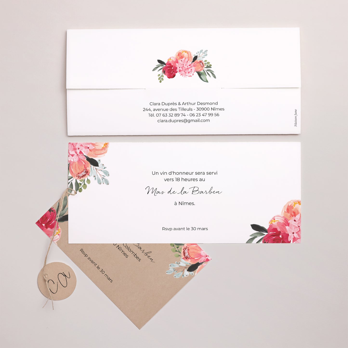 Faire-part Mariage Pochette 2 cartes, étiquette 2CV fleurie photo N° 4