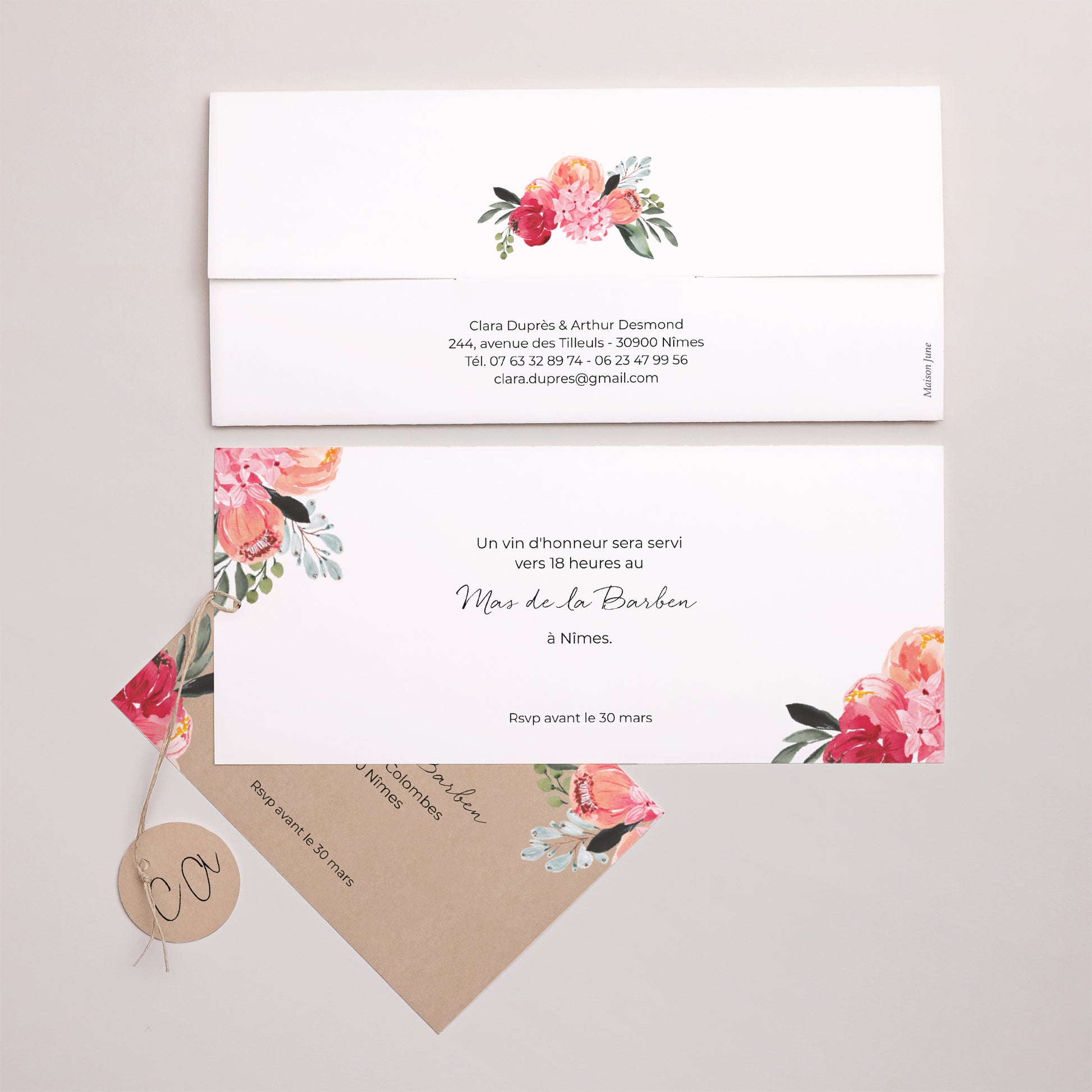 Faire-part Mariage Pochette 2 cartes, étiquette 2CV fleurie photo N° 4