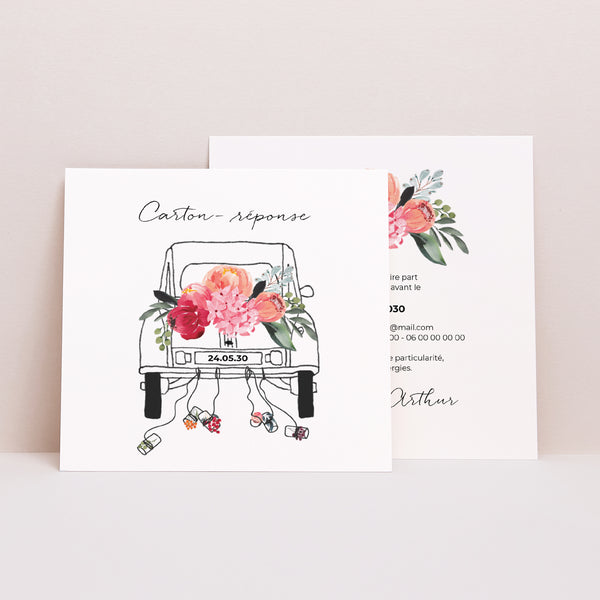 Carton réponse Mariage Carré 2CV fleurie photo