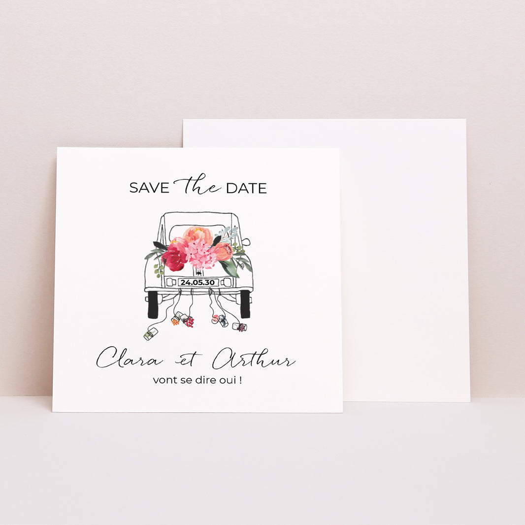 Save the date Mariage Carré 2CV fleurie photo N° 1