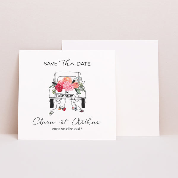 Save the date Mariage Carré 2CV fleurie photo