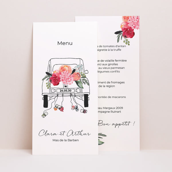 Menu Mariage Panoramique portrait 2CV fleurie photo