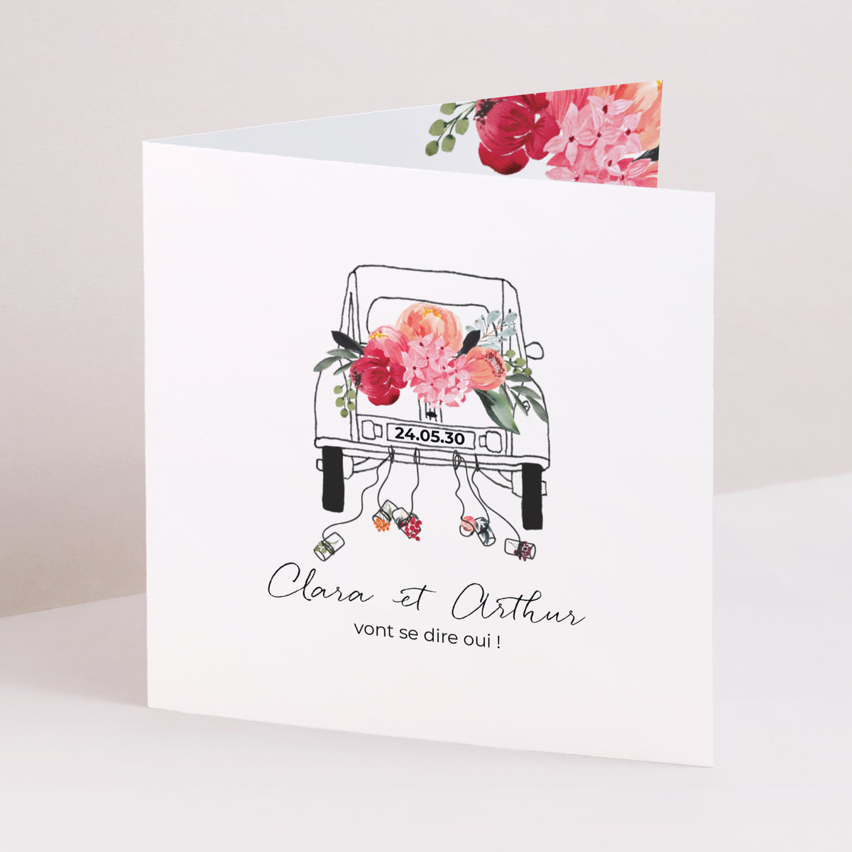 Faire-part Mariage Carré double volet 2CV fleurie photo