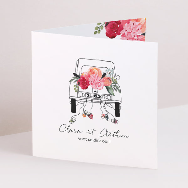 Faire-part Mariage Carré double volet 2CV fleurie photo