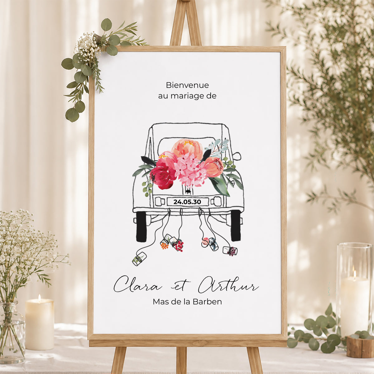 Panneau bienvenue Mariage Portrait 60 x 90 cm 2CV fleurie photo N° 1