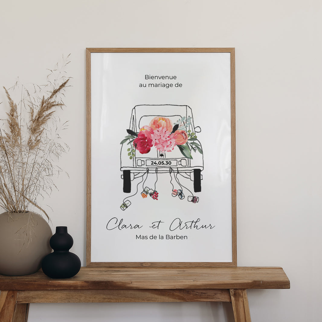 Panneau bienvenue Mariage Portrait 60 x 90 cm 2CV fleurie photo N° 2