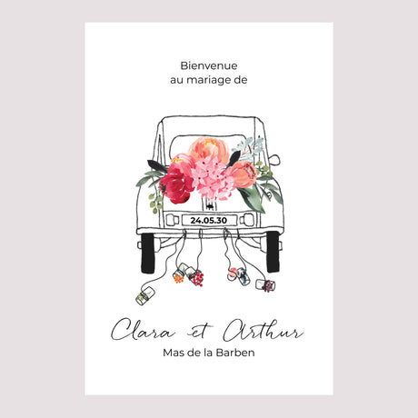 Panneau bienvenue Mariage Portrait 60 x 90 cm 2CV fleurie