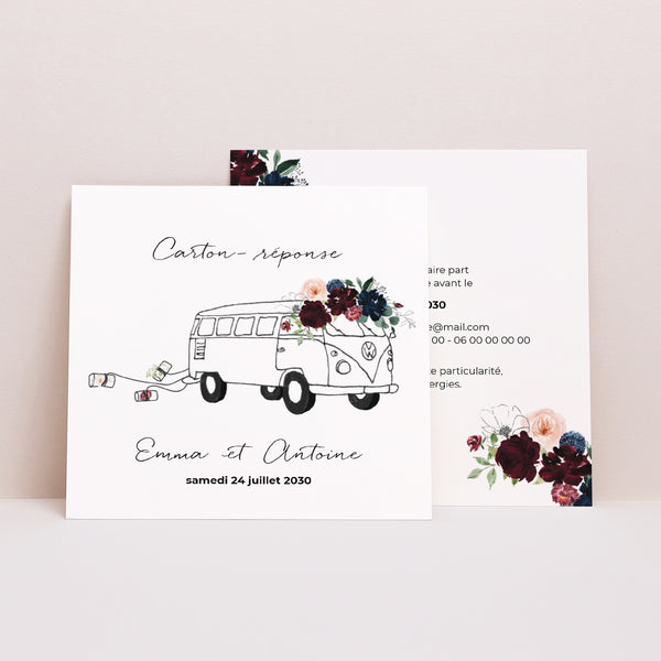 Carton réponse Mariage Carré Combi fleuri photo