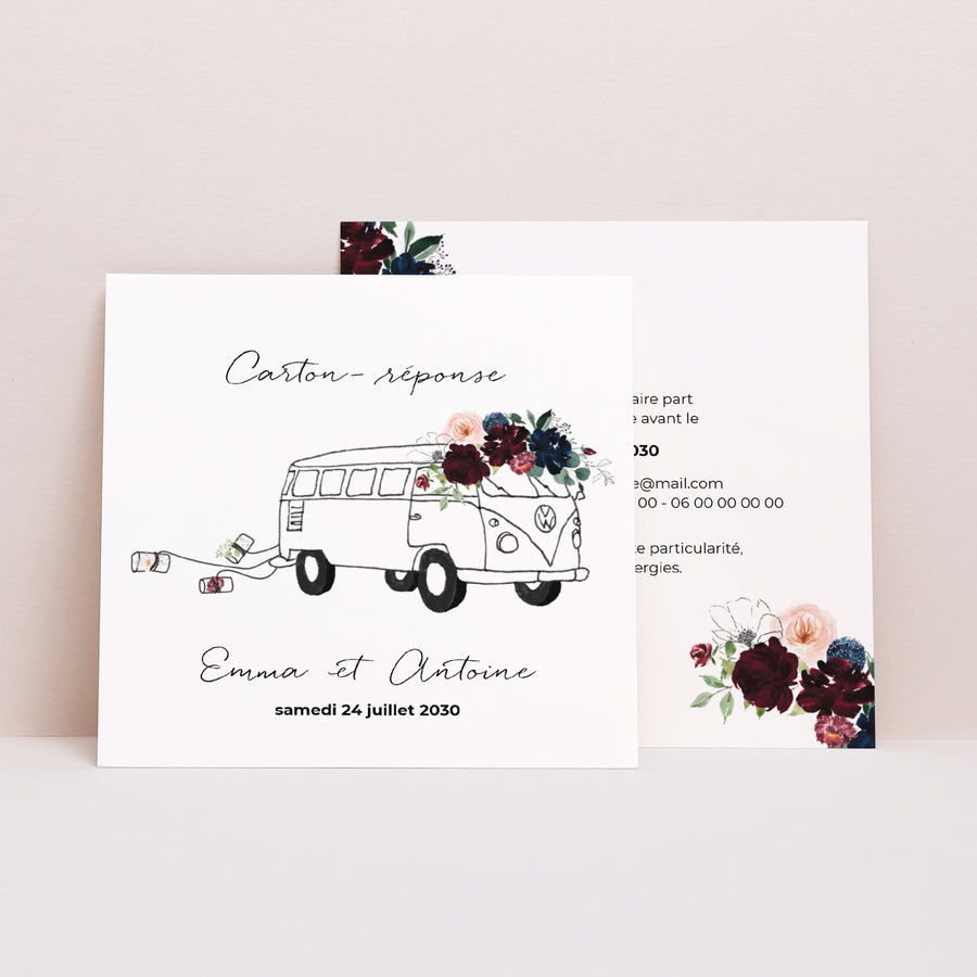 Carton réponse Mariage Carré Combi fleuri photo