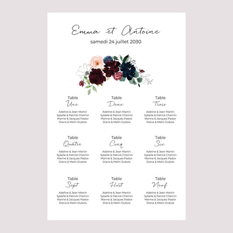 Plan de table Mariage Portrait Combi fleuri