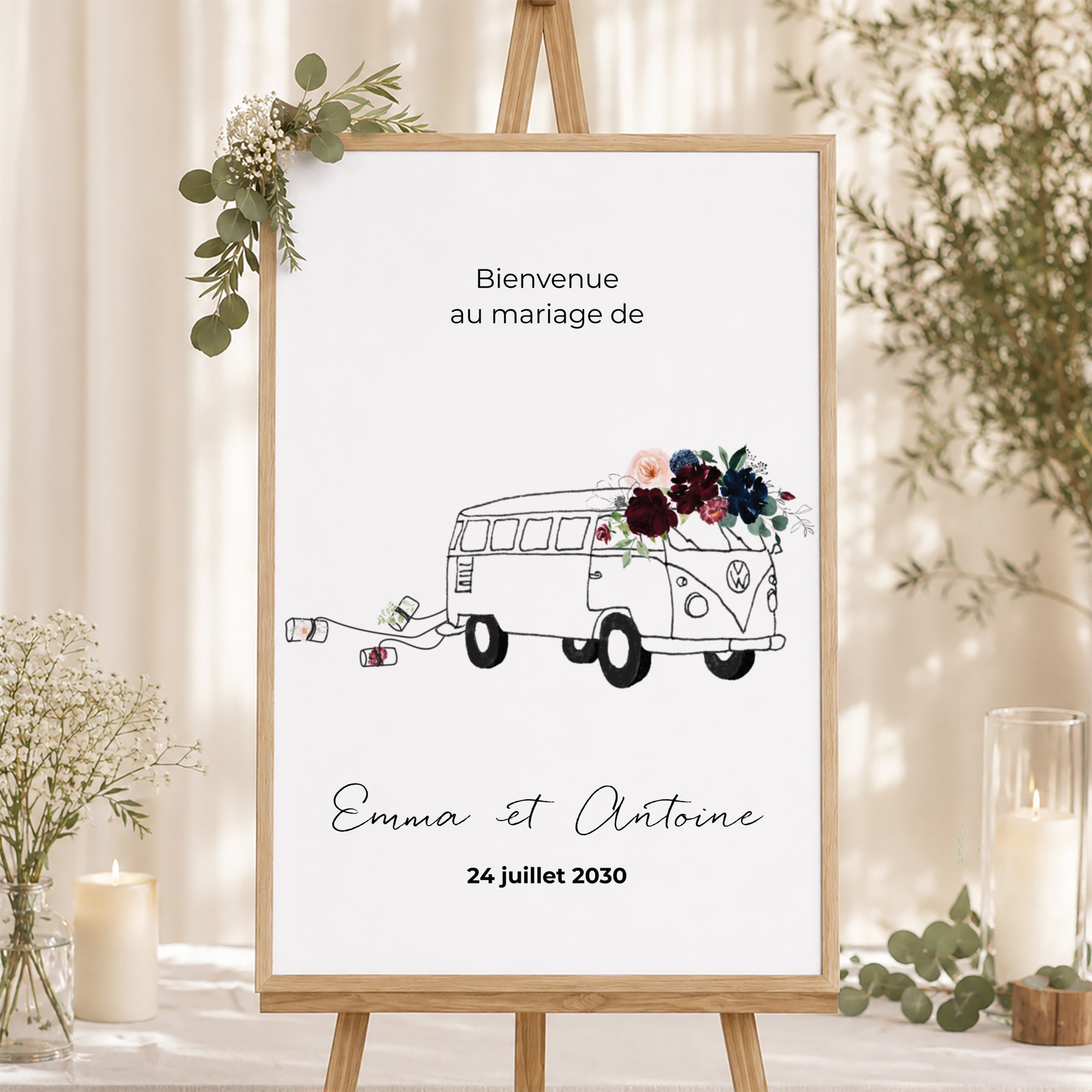 Panneau bienvenue Mariage Portrait 60 x 90 cm Combi fleuri photo N° 1