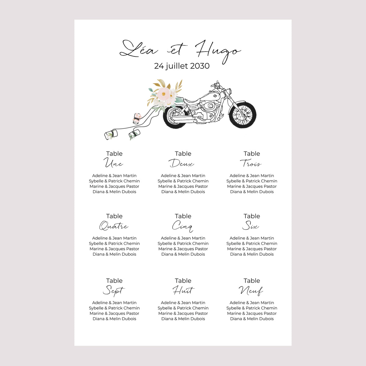 Plan de table Mariage Portrait Harley fleurie photo N° 2