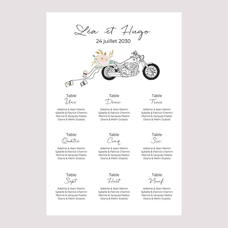 Plan de table Mariage Portrait Harley fleurie