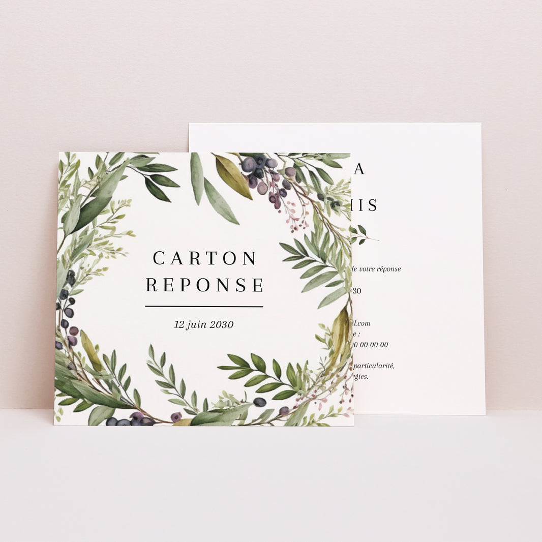 Carton réponse Mariage Carré Feuillage printanier photo N° 1