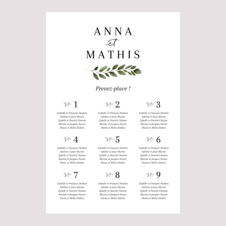 Plan de table Mariage Portrait Feuillage printanier