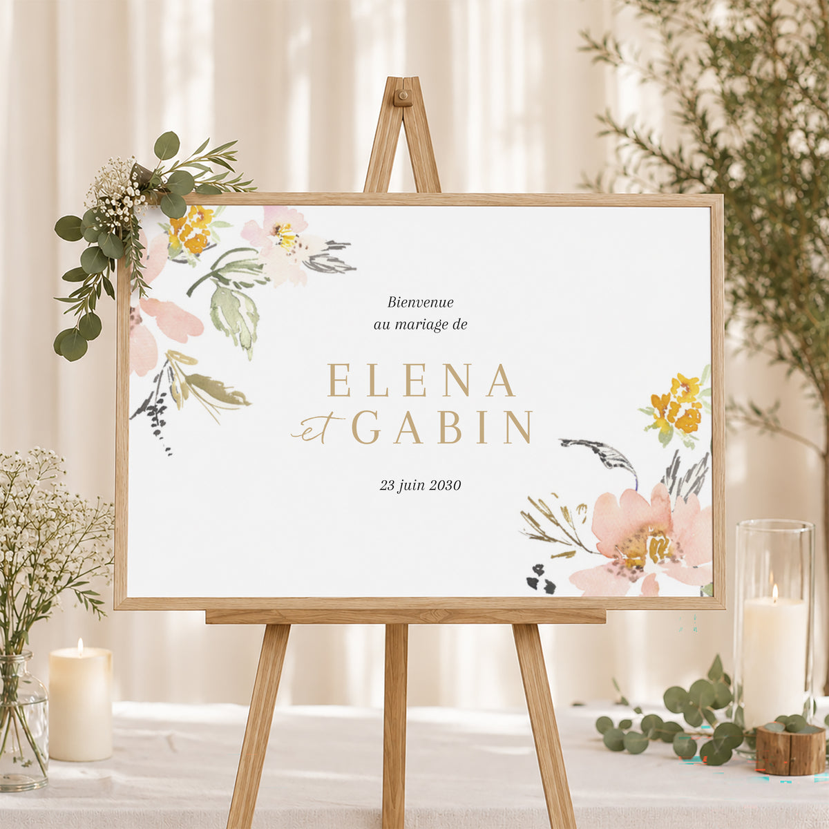 Panneau bienvenue Mariage Paysage 90 x 60 cm Fleurs pop photo N° 1
