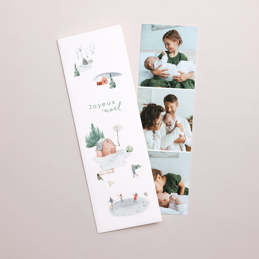 Carte de voeux Fin d'année Marque-page photo Village enneigé photo