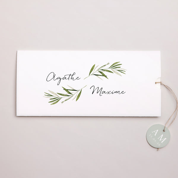 Faire-part Mariage Pochette 2 cartes, étiquette Branche d'olivier III photo