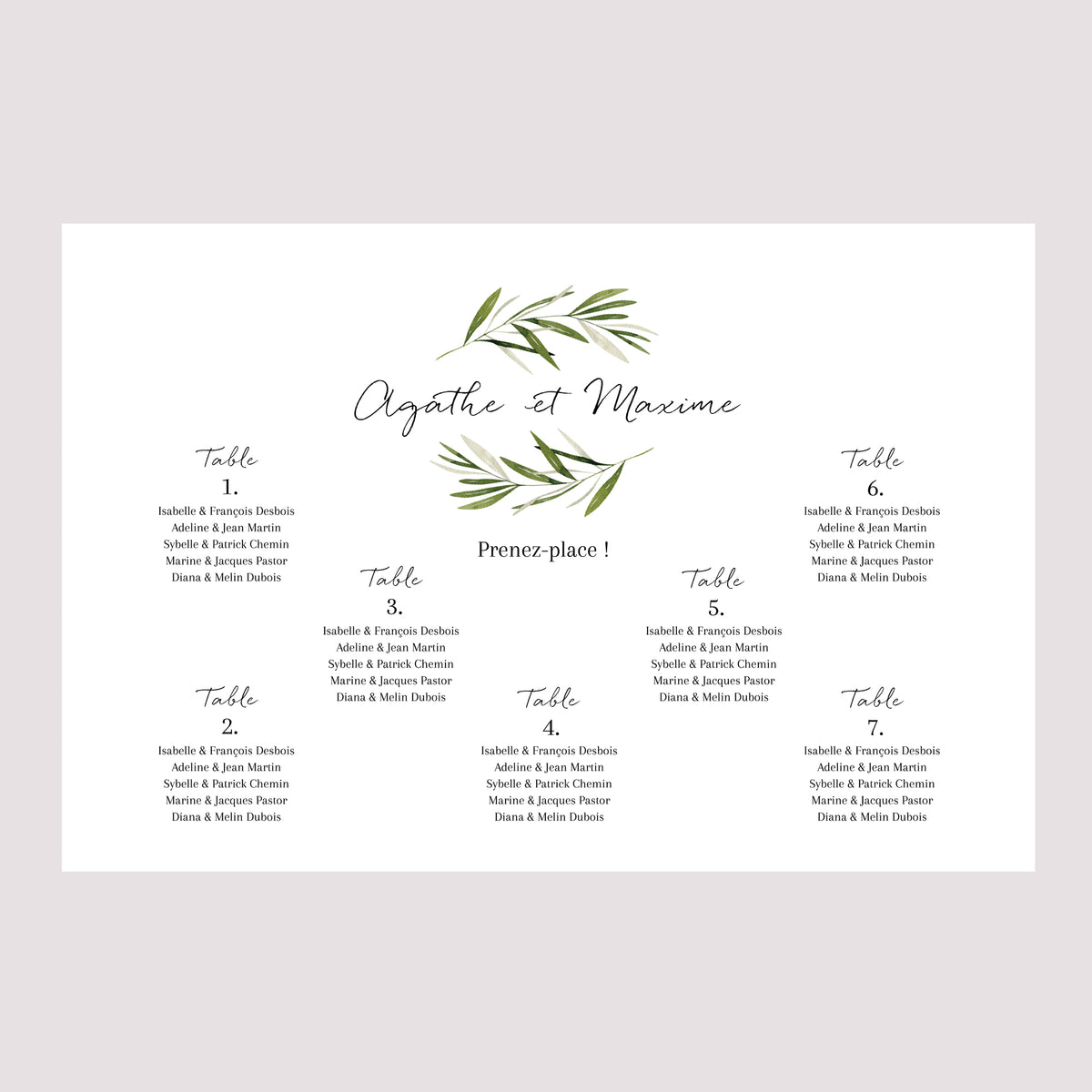 Plan de table Mariage Paysage 90 x 60 cm Branche d'olivier III photo N° 2