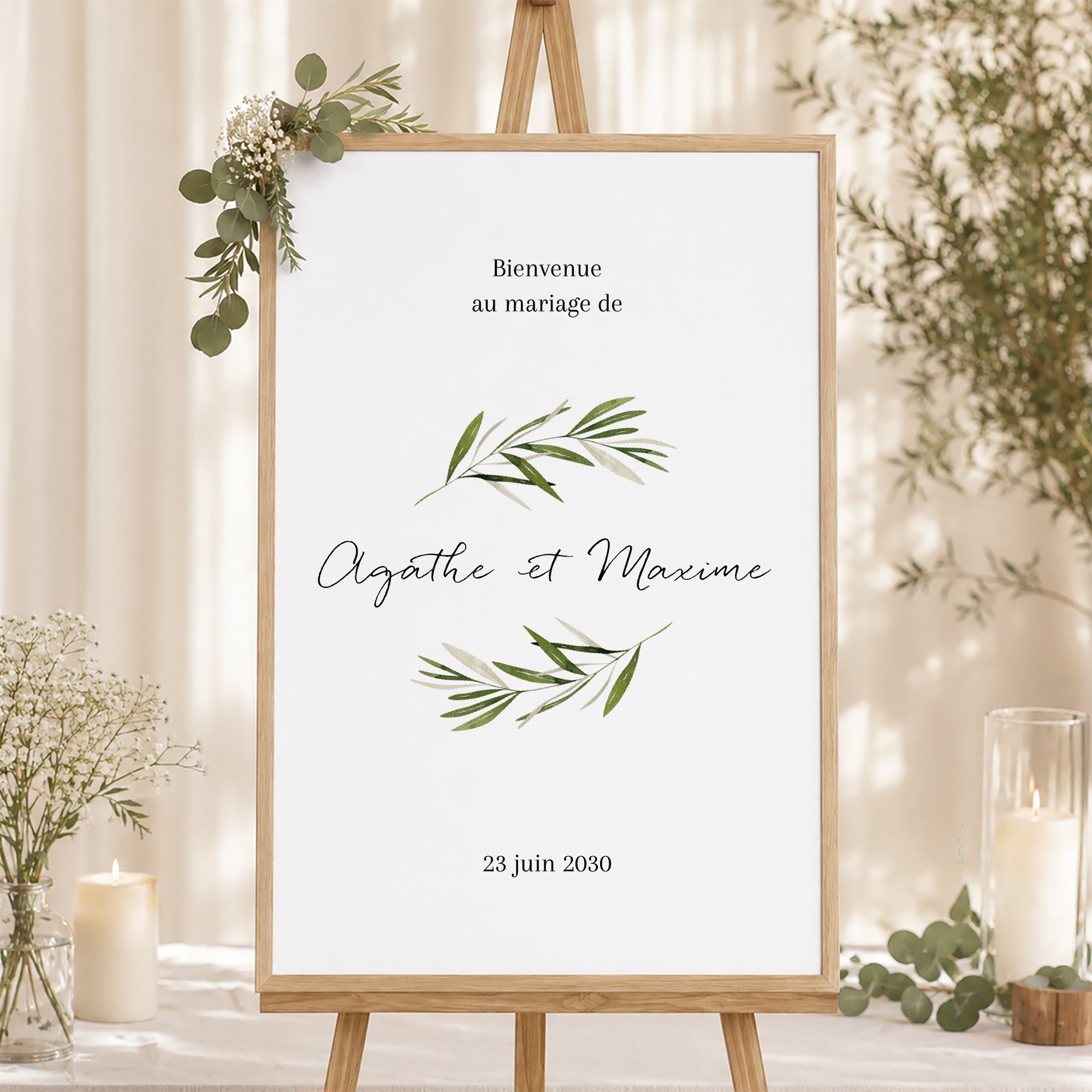 Panneau bienvenue Mariage Portrait 60 x 90 cm Branche d'olivier III photo N° 1