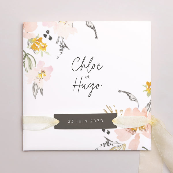 Faire-part Mariage Pochette carrée, 3 cartes, étiquette Fleurs pop II photo