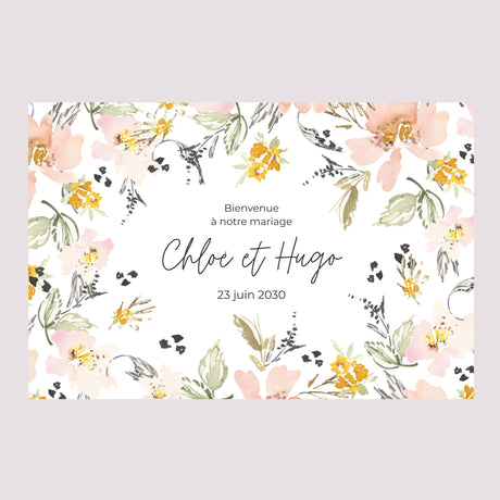 Panneau bienvenue Mariage Paysage 90 x 60 cm Fleurs pop II