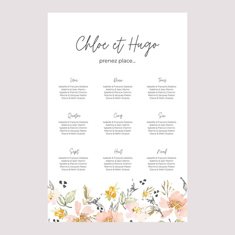 Plan de table Mariage Portrait 60 x 90 cm Fleurs pop II